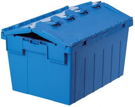A large rectangular blue plastic rubbish skip with a hinged lid, positioned on a paved surface typical of a driveway or storage area. The bin's textured surface has vertical ridges along the sides, and the lid is partially open, revealing an empty interior. The skip's overall finish is smooth, with some visible latch mechanisms and interlocking features along the edges. It is situated outdoors, with a plain background that suggests a typical waste collection setting, and is associated with commercial waste removal services such as those offered by Commercial Waste Removal Dulwich, serving the Dulwich area. The environment appears well-lit, likely daylight, emphasizing the vibrant blue colour of the bin. The image contextually supports waste disposal and rubbish collection operations, relevant to local waste management needs in Dulwich or nearby postcode districts.