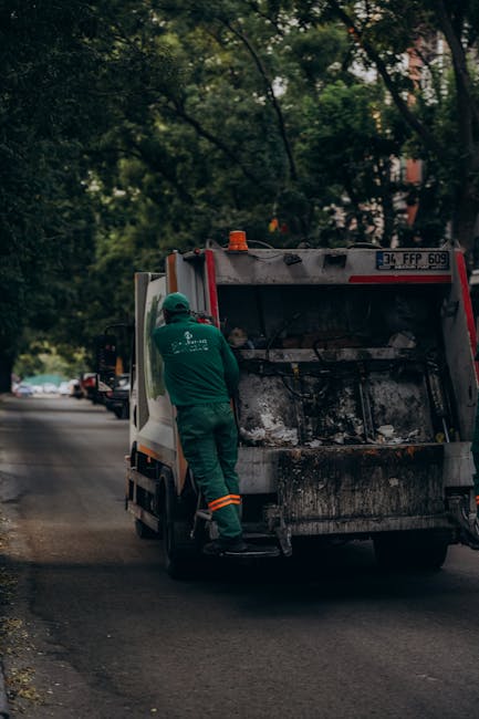 A sanitation worker dressed in green uniform and protective helmet is standing beside an open-top rubbish collection truck on a street lined with trees. The truck, positioned with its rear facing the 