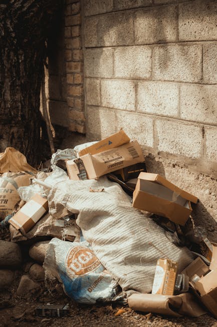 A sanitation worker dressed in green uniform and protective helmet is standing beside an open-top rubbish collection truck on a street lined with trees. The truck, positioned with its rear facing the 